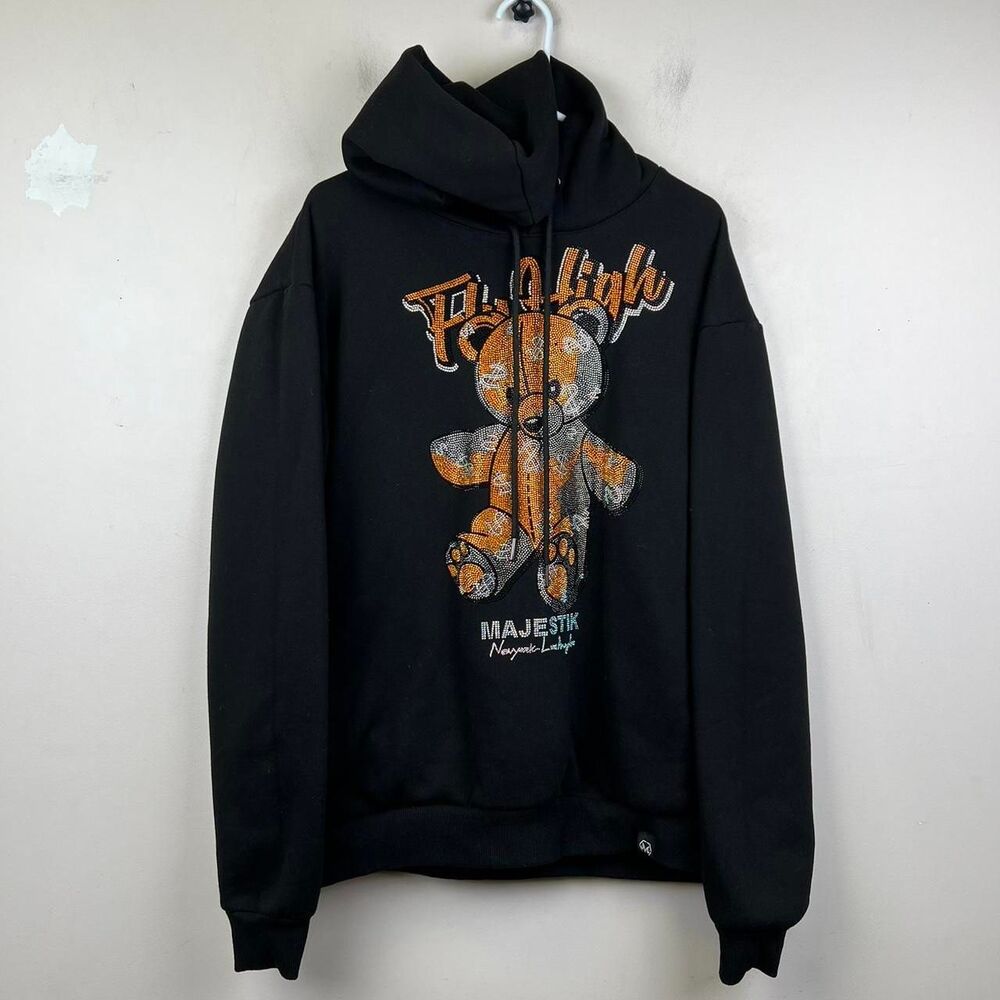 MAJESTIK  Teddy Hoodie Black with orange Bear Design Size XXL